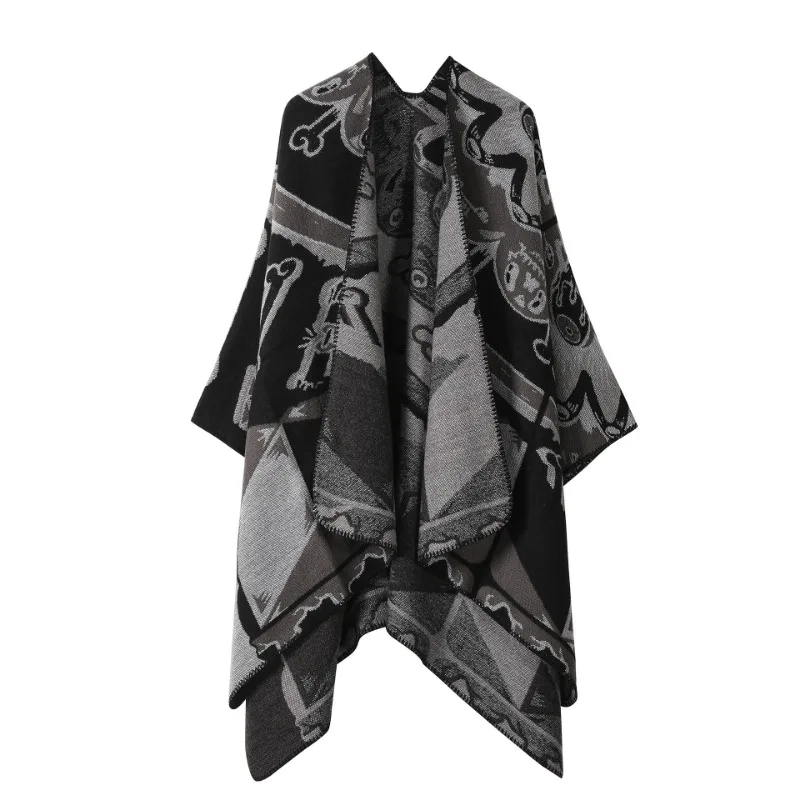 Male Split Hooded Shawl Ethnic Imitation Cashmere Poncho Warm Capes Hooded Coats Men Thickened Warm Tassel Cloak Triangle Jacket