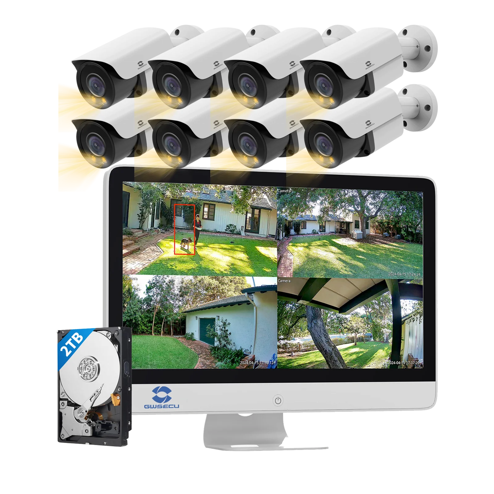 

GWSECU 5Mp Outdoor 2-Way Audio Full Color AI CCTV IP Bullet 15.6" Combo 8 Channel NVR Poe Security Camera System Home