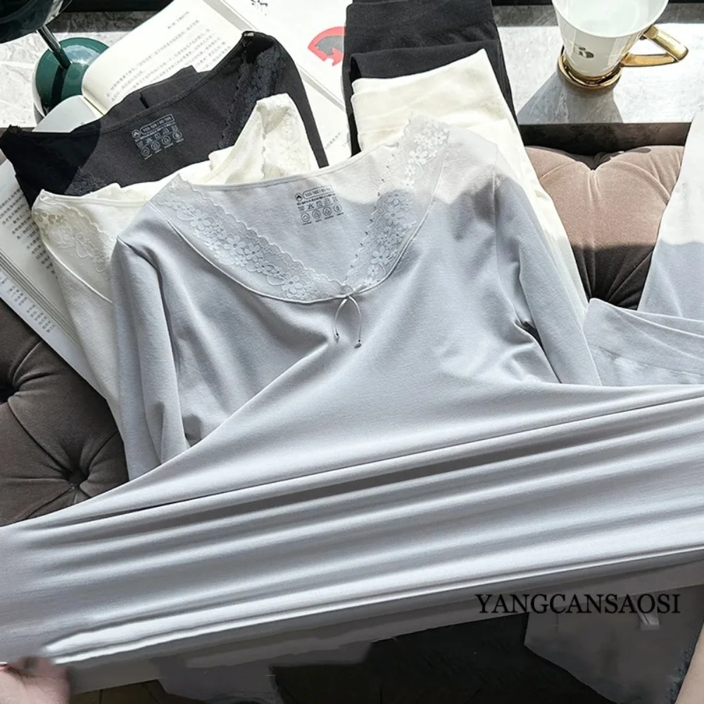 المرأة موضة جديدة بدلة دافئة مرونة عالية غير مقيد الدانتيل الخامس الرقبة مقطوعة القطن بلون الخريف الملابس فستان أطفال مع سروال داخلي