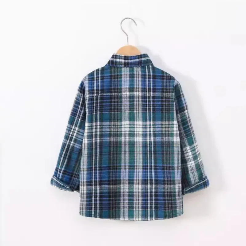 Autumn Kid Boys Solid Cotton Clothes Vintage Plaid Shirt Children Girls Long Sleeve Lapel Single Breasted Cardigan T-shirt Top