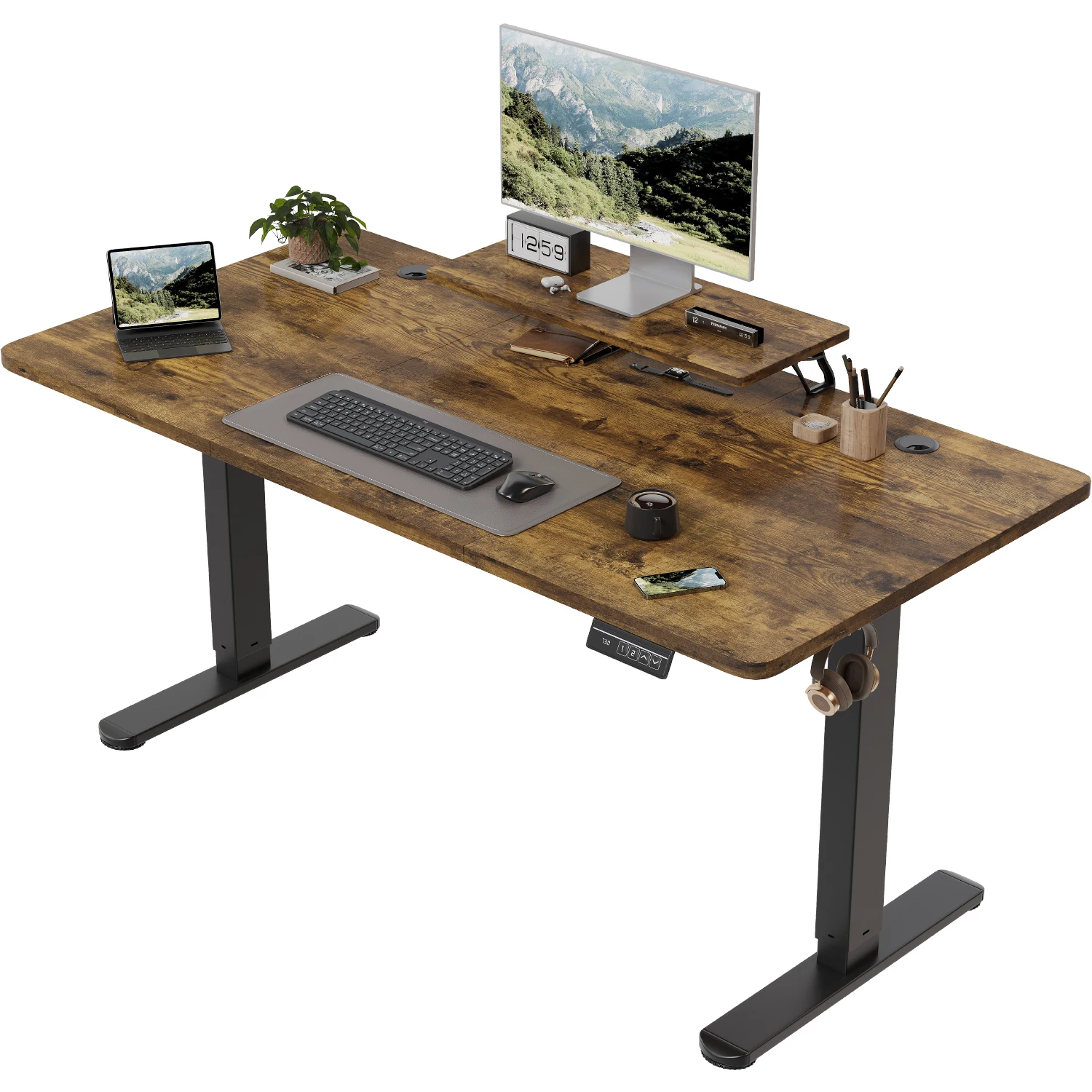 Devoko In hoogte verstelbaar bureau Elektrisch 160 × 70 cm met monitorstandaard Ergonomische stoel Sta-bureau (wit)