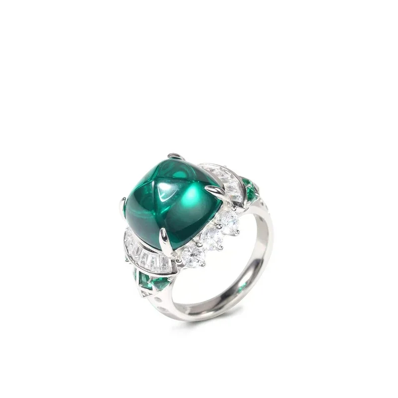 

BELLUX 925 Silver Synthetic Zircon Ring Designer Emerald Sugar-loaf Cut Fashion Women's Ring Fine Jewelry