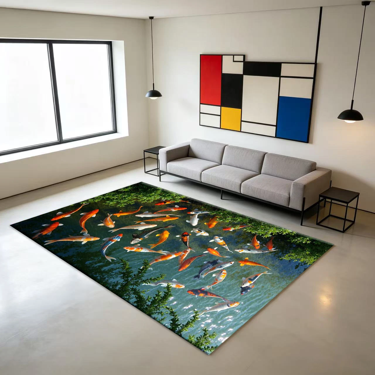 Colorful Koi Pond Overview Carpet Floor Mat, Lucky and Colorful Japanese Koi Fish Natural Scenery Floor Carpet Suitable for Home Room Decoration