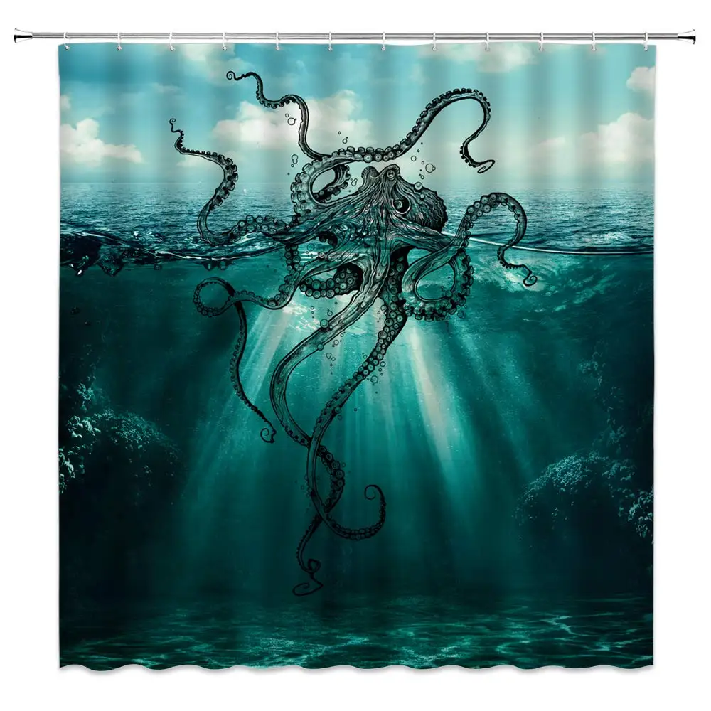 Cthulhu Monster Octopus Shower Curtain Ocean Kraken Tentacles Nautical Sailboat Fantasy Marine Life Artwork Bathroom Curtain Set