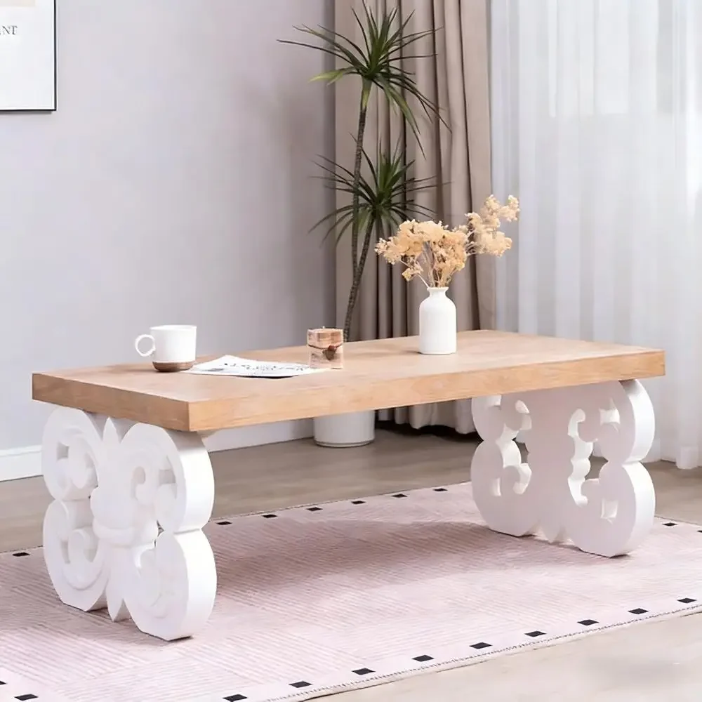 

Elegant Recycled Wood Coffee Table with Carved Base for Living Room or Office, White