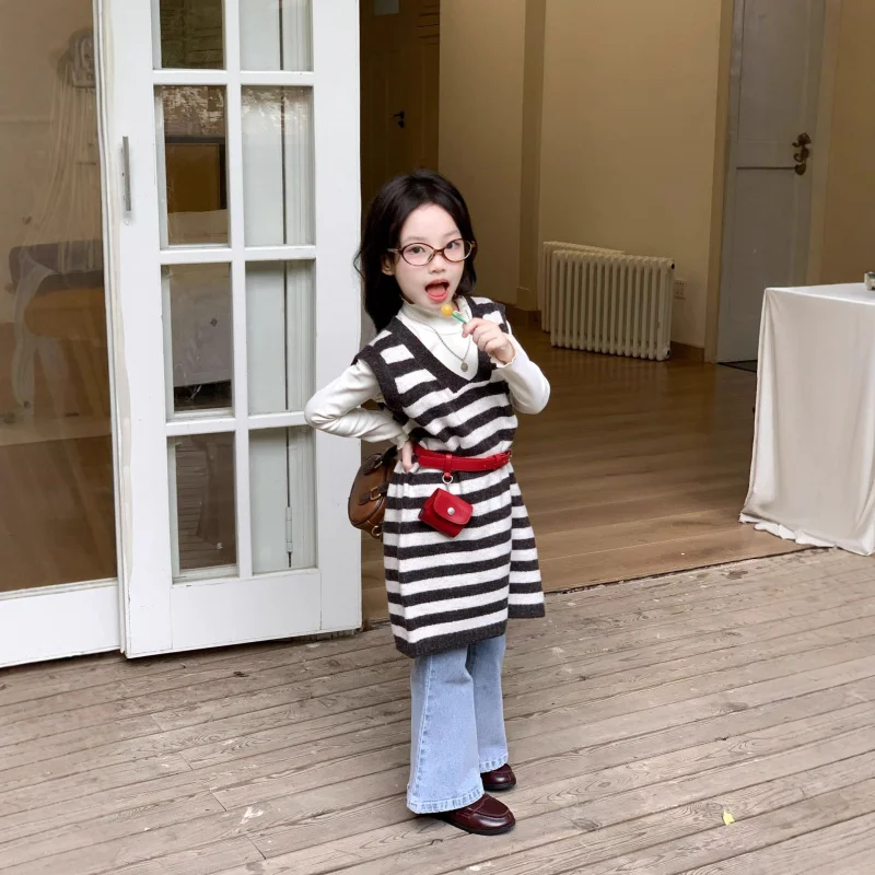 Girls Dress Autumn New Children's Striped Knitted Tank Top Dress for GirlsVVintage Loose Collar Dress