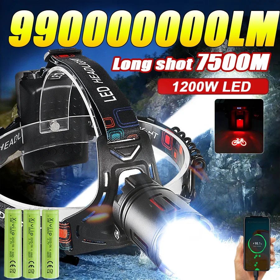 

2026 Новая светодиодная фара высокой мощности 1200 Вт 990000000LM Zoom Водонепроницаемый налобный фонарь Супер яркий уличный фонарь для кемпинга и охоты