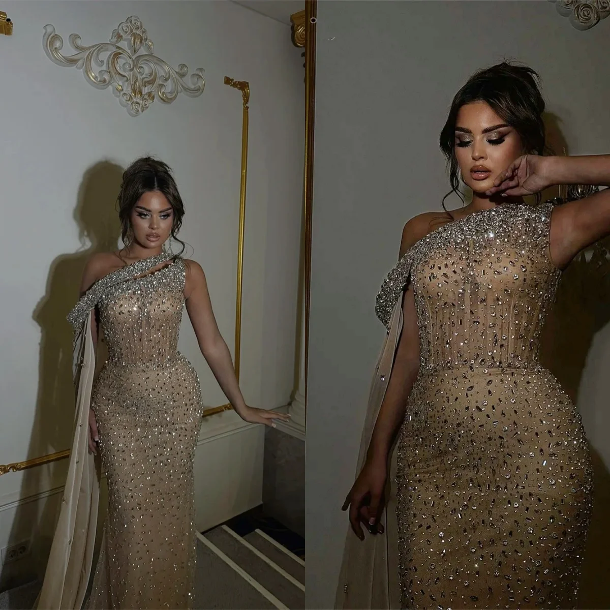 Einzigartiges Meerjungfrau-Abendkleid, einschultrig, ärmellos, mit Kristallen besetzt, exquisit perlenverziert, bodenlang, Partykleid, individuell anpassbar