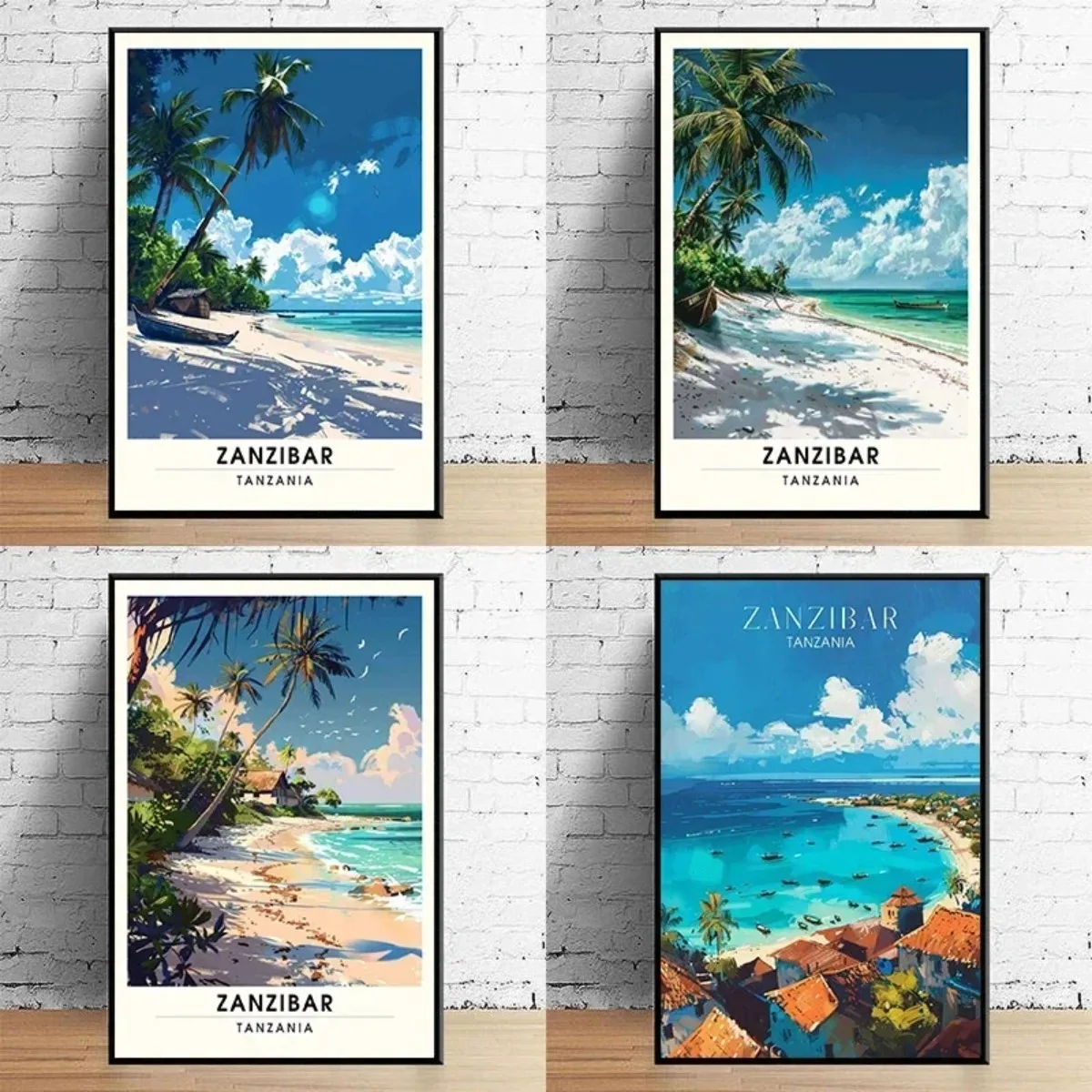 Árboles de coco, veleros, arena blanca, playa, Zanzibar, carteles de viaje, pintura en lienzo, imágenes artísticas de pared, regalo de decoración del hogar para sala de estar