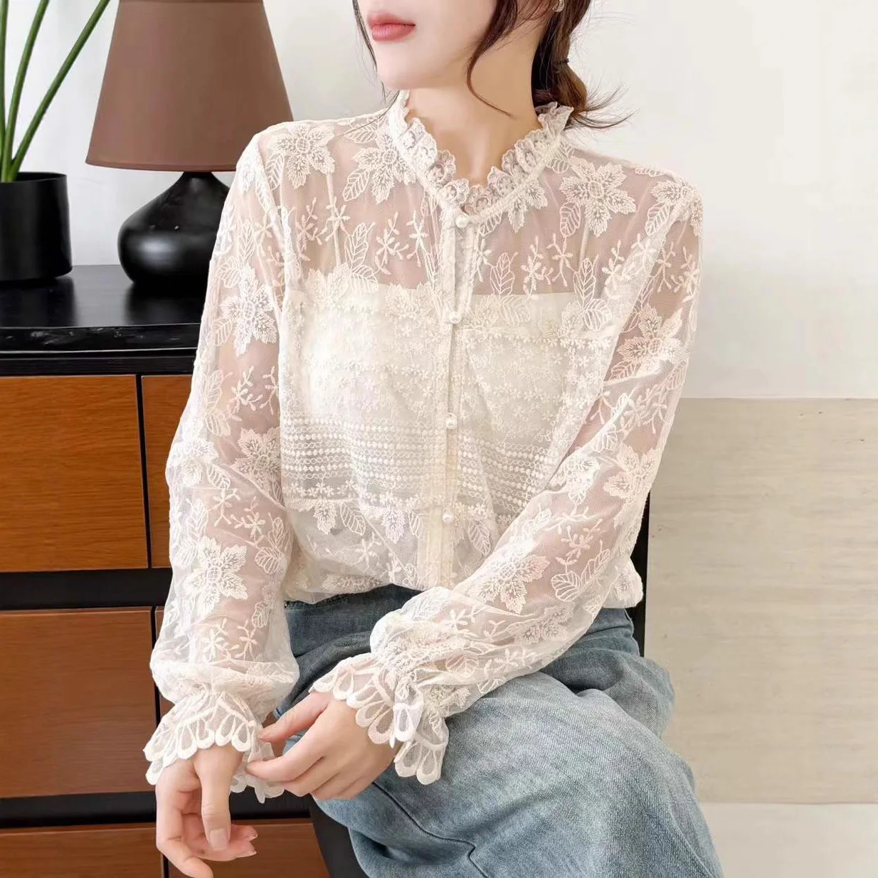 Novo 2025 inverno algodão camisa de manga longa, feminino suporte renda pérola botão, mori menina francês chique ins blusa pura solta t5n922cc