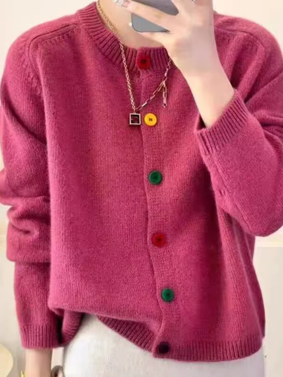 

Korean Style Rainbow Single Button round Neck Knitted Open Cardigan Women's Spring New Lazy Pure Color Sweater Commute Style ...