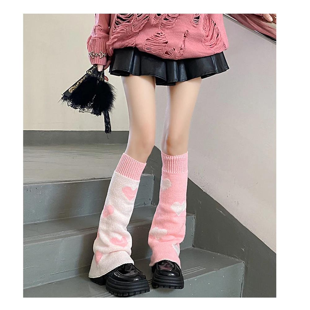 Autumn And Winter Knitted Leg Warmer Lolita Y2K Loose Socks Love Heart Print Jk Calf Gaiters Sweet Legwarmers  Foot Cover