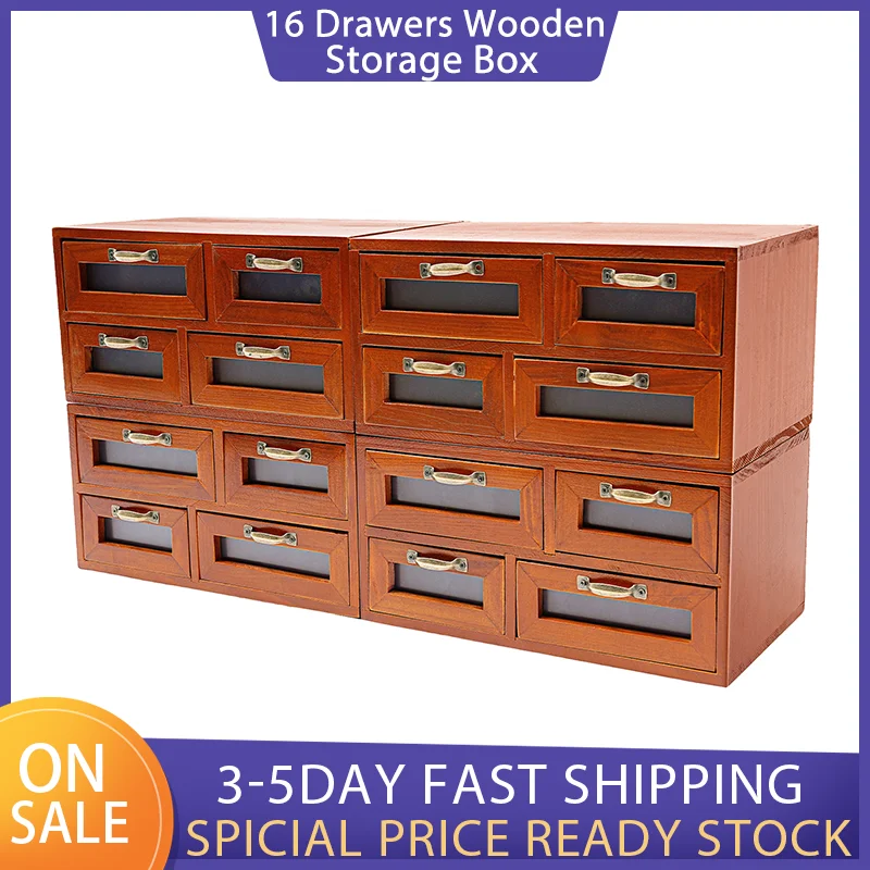 

16-Drawer Wooden Desktop Storage Organizer with Label Holders Handles Vintage Walnut Wood for Work Table Vanity Desk Drawer Unit