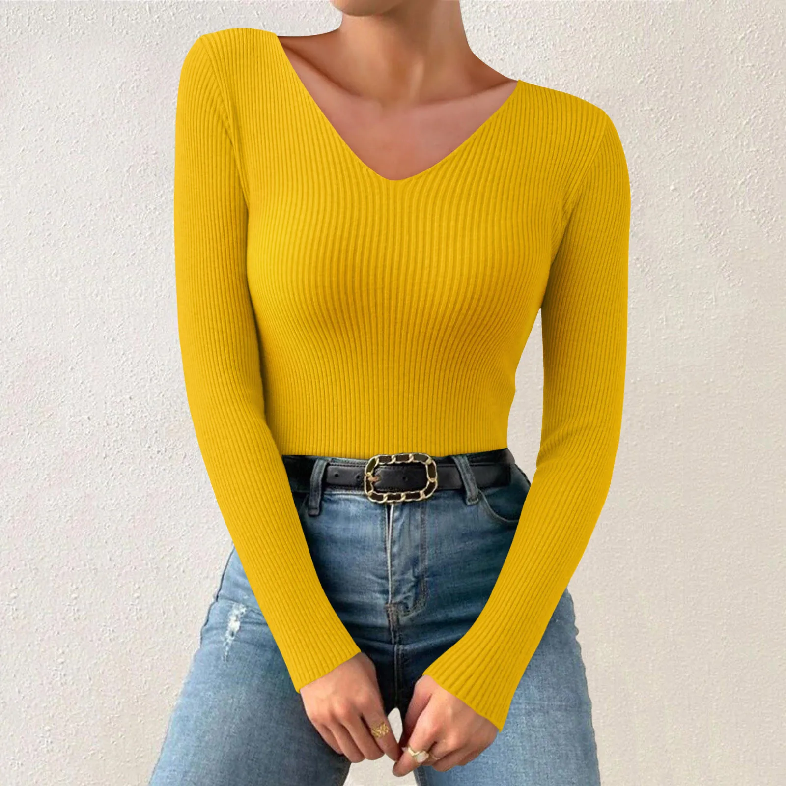 2024 Autumn Winter Women Solid Rib Knit V Neck Stripe Pull Sweater Femme Y2k Long Sleeve Pullover Jersey Tops Fashion Clothes