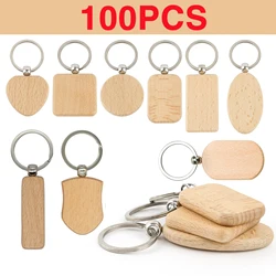 100Pcs 9 Styles Mixed DIY Blank Wooden Keychain Rectangular Round Heart Shape Wood Key Chain Key Ring