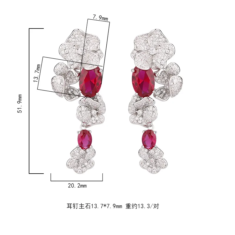 KQDANCE Large Created Ruby Emerald Gem Stone Zircon Diamond Flower Long Drop Earrings For Women White Gold Plated Party Jewelry