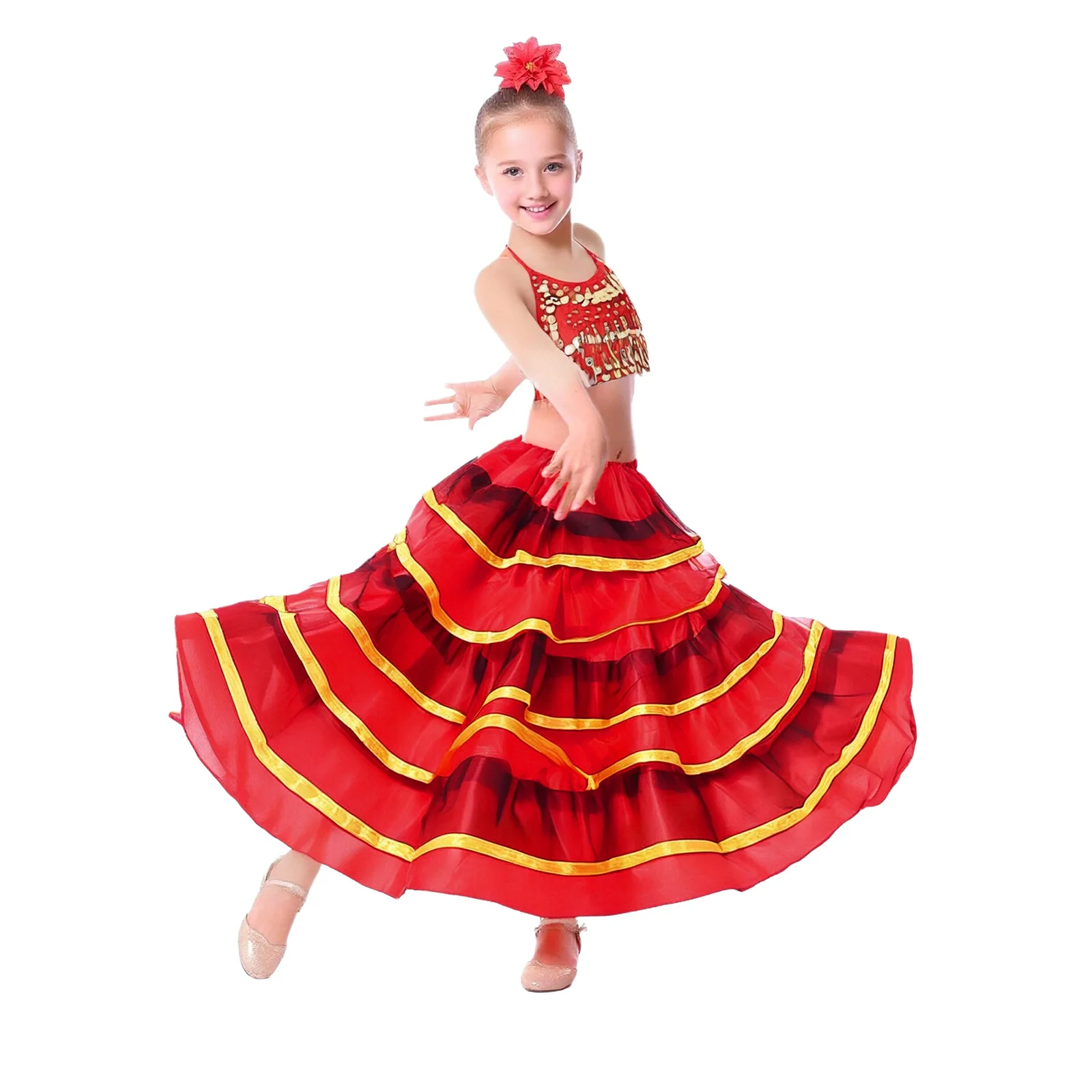 Kids Girls Flamenco Dance Spanish Paso Doble Skirt Tiered Ruffles Wide Hem 180 Degrees Satin Skirts for Latin Ballroom Tango