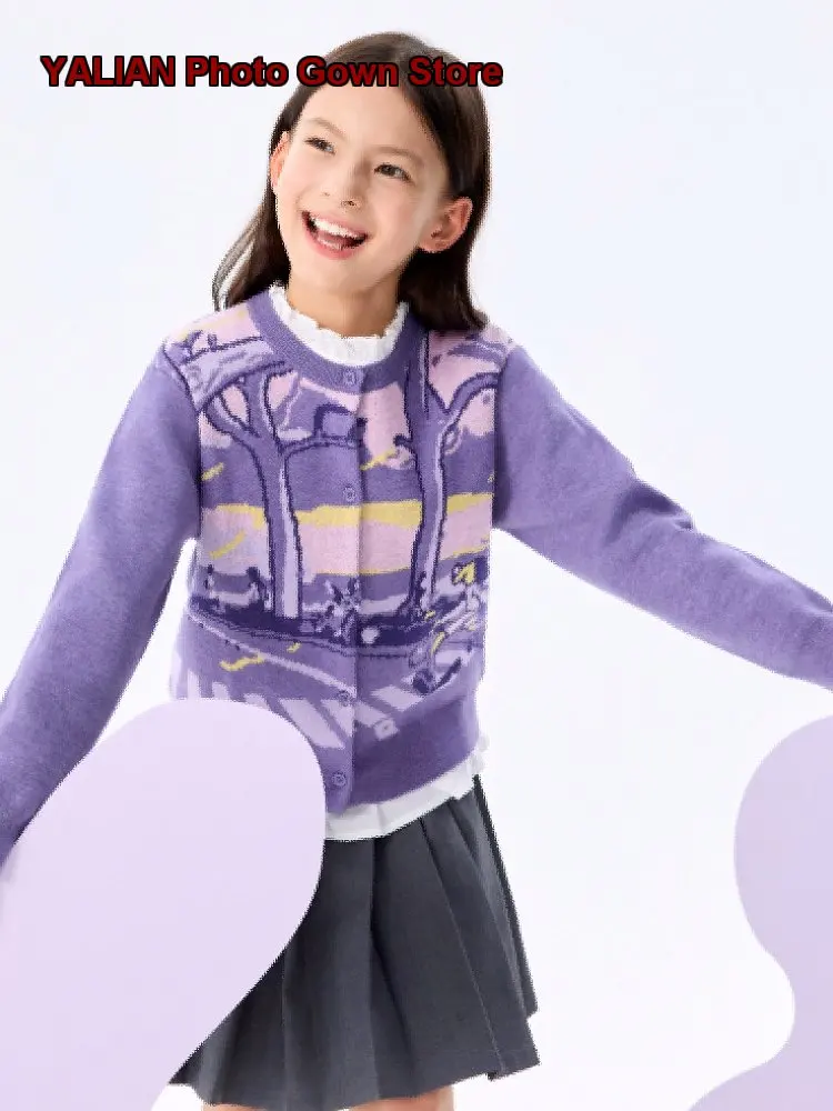 Girls Cardigan Older Kids Spring Autumn Round Neck Knit Top Solid Color Soft Skin-Friendly