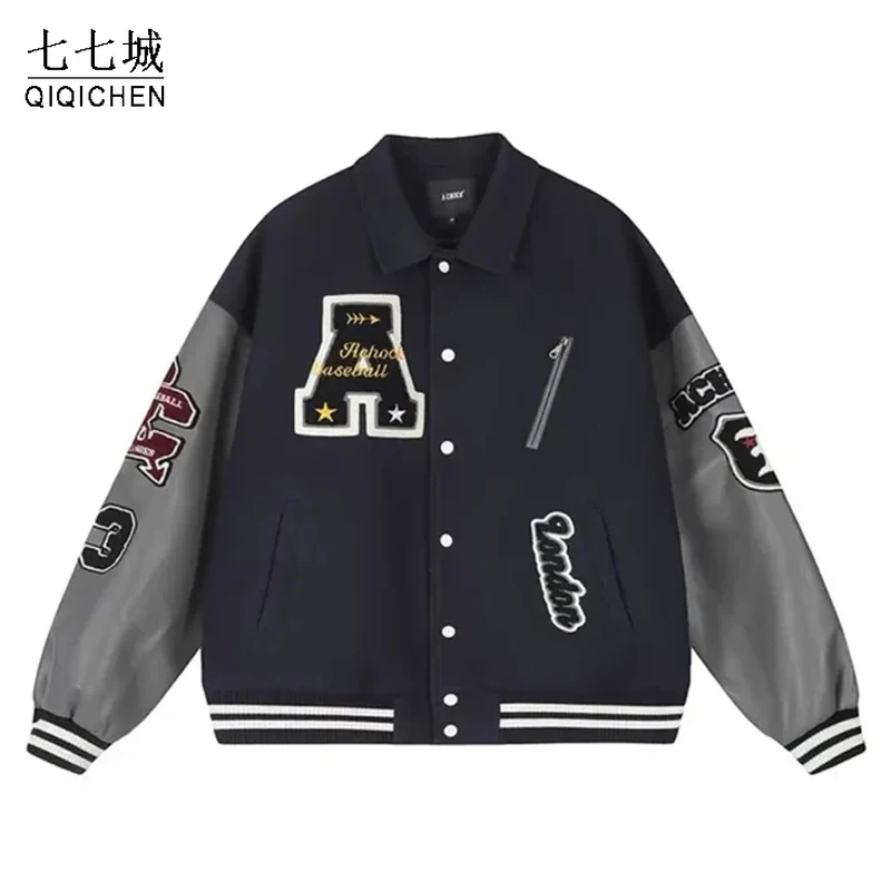 

Spring Baseball Jacket Men Letter Embroidery Leather Sleeves Patchwork Bomber Jackets Hip Hop Oversized Coat Unisex Outwear New