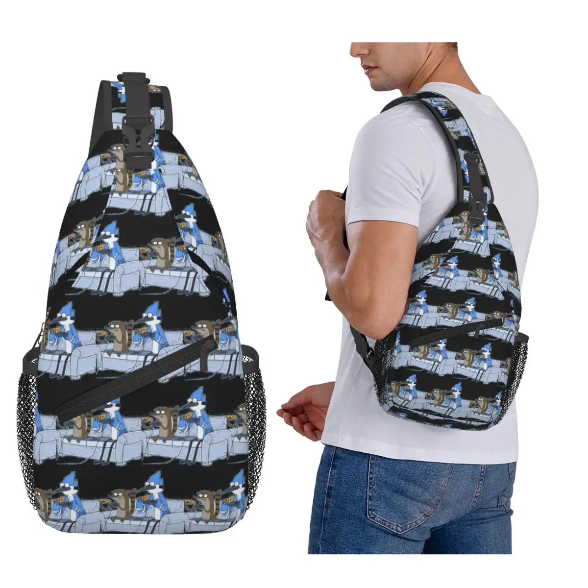 

Mordecai And Rigby Pizza And Video Games Chest Bag Men Sling Crossbody Backpack Chest Bag Traveling Hiking Daypack Shoulder Bag