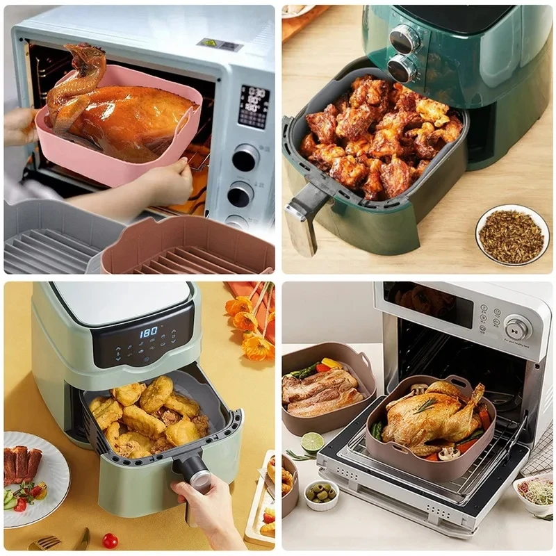 21CM Silicone Air Fryer Pot Tray BBQ Barbecue Pad Plate Airfryer Oven Baking Mold Pot Food Safe Reusable Square Air Fryer Pan