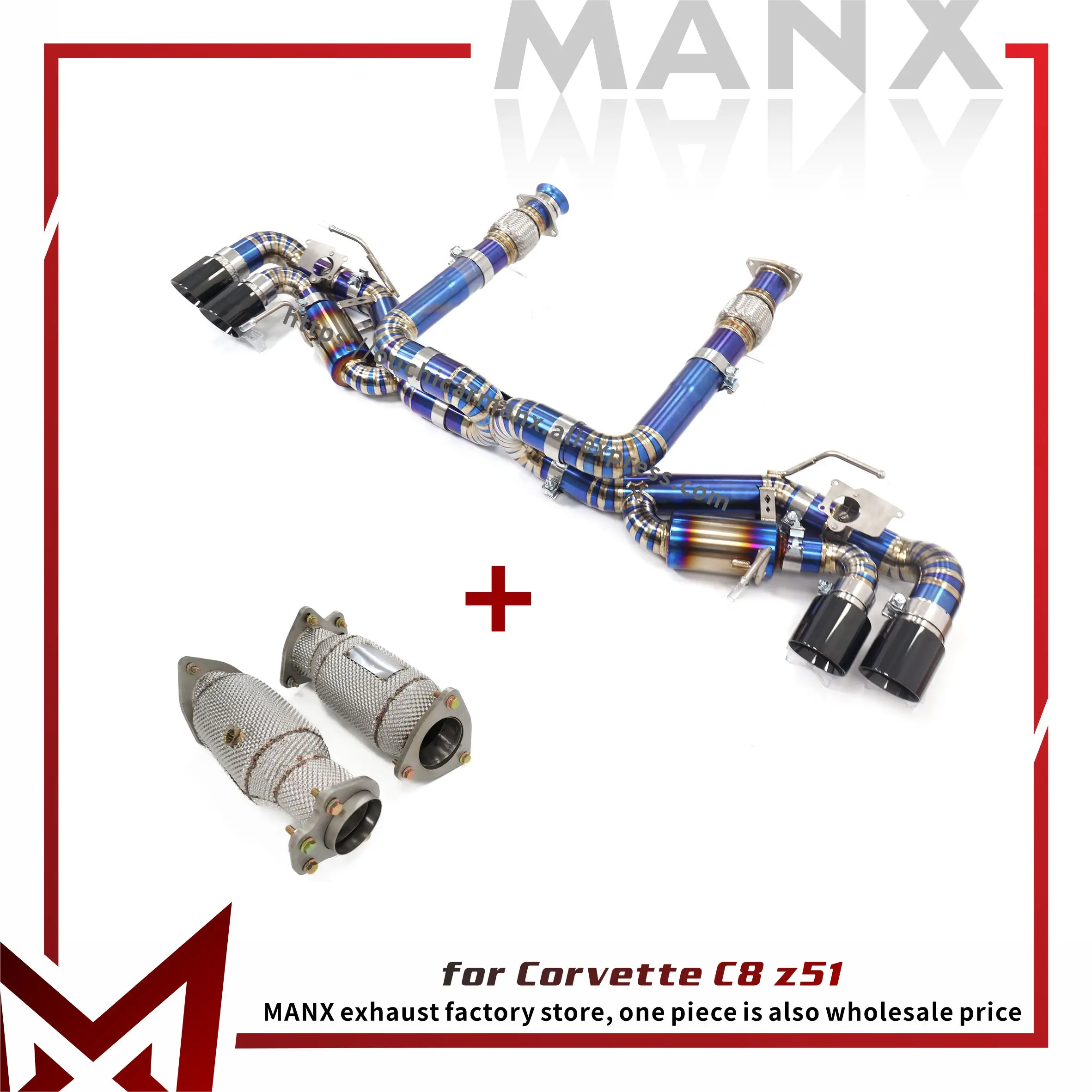 Válvulas MANX OEM para sistema de escape Corvette C8 Z51 Catback Ti Bajante de acero inoxidable con puntas de convertidor catalítico