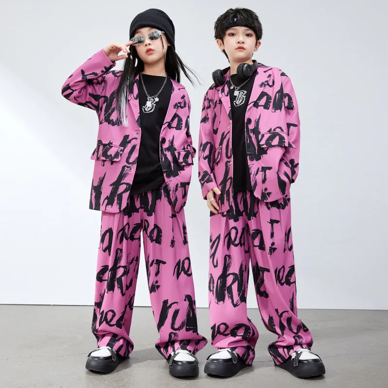 Ropa de Hip Hop a la moda para niños, chaqueta con americana con letras rosas, pantalones anchos informales para niña y niño, traje de baile de Jazz, conjunto de ropa