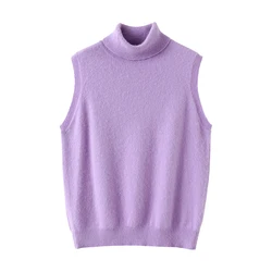 Pure Mink Cashmere Vest Women's Turtleneck Pullover Sleeveless Knit Sweater With Loose Tops Autumn and Winter Casual Vest Jumper