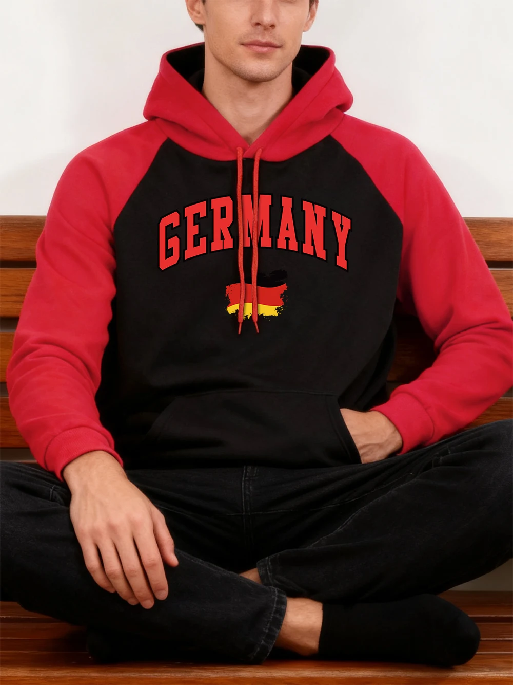 العلم الألماني فرشاة السكتة الدماغية يطبع الرجال هوديي الخريف الشتاء راجلان جيب القمم فضفاض الصوف مقنعين موضة الربط ملابس الرجال #1