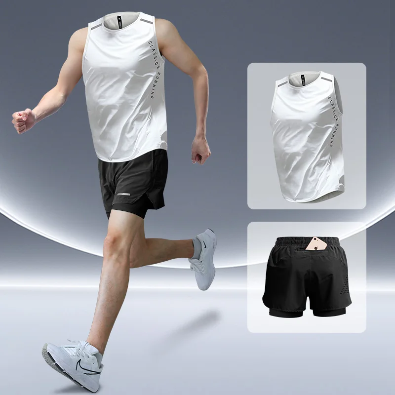 

Спортивный комплект для бега, мужской быстросохнущий жилет из ледяного шелка для марафона, летние шорты для легкоатлетических тренировок, одежда для фитнеса и оборудование