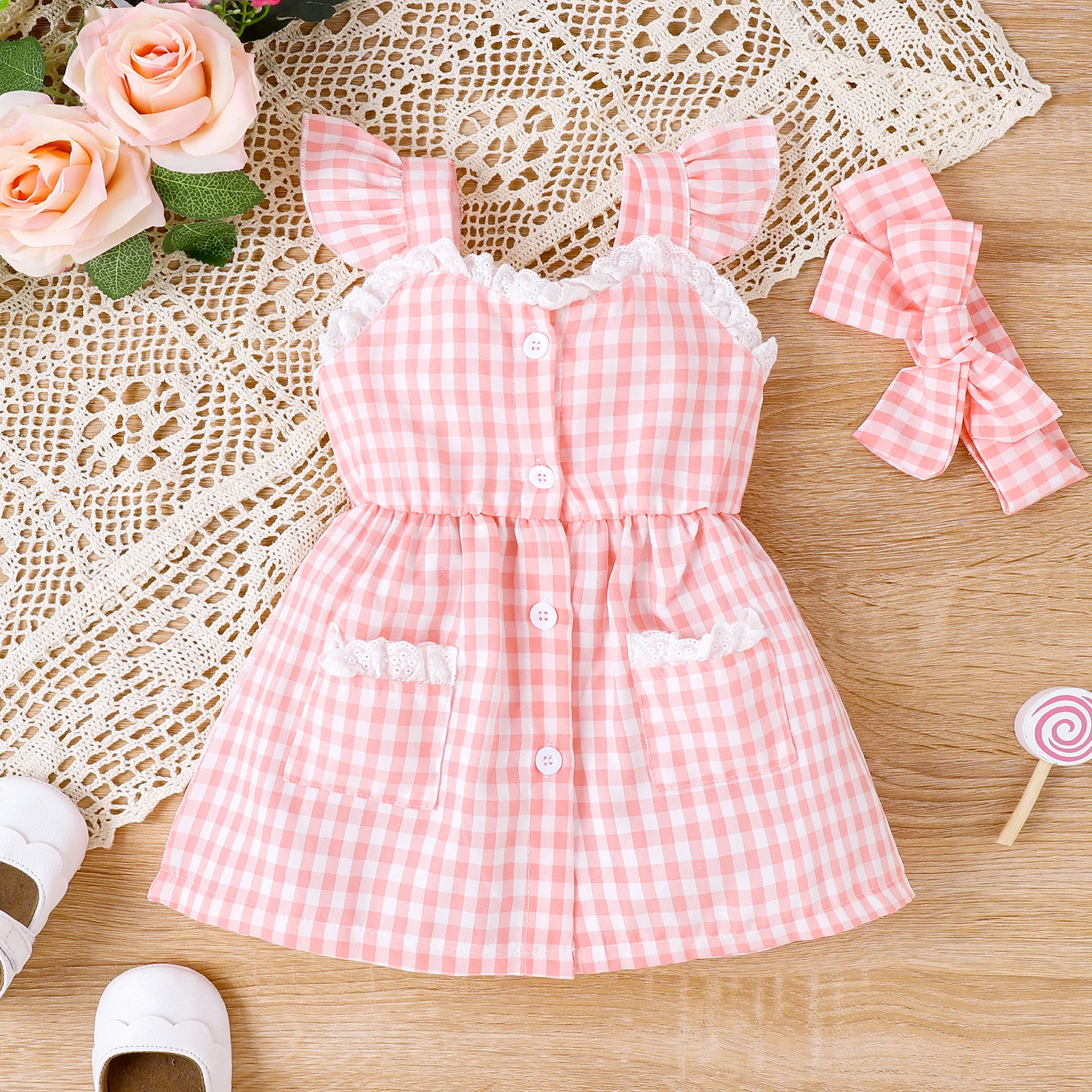 2PCS Summer 0-4 Year Old Baby Girl Baby Soft And Comfortable Refreshing Sweet Embellished Pocket Pink Plaid Dress + Tiara