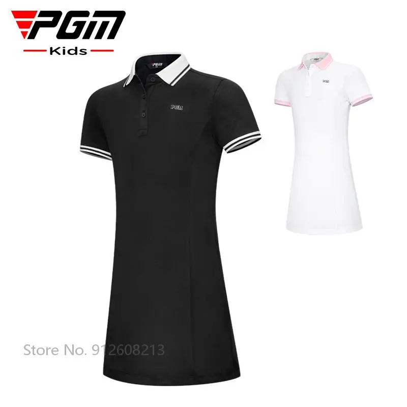 PGM Girls Short-sleeved Golf Polo Shirt Dress Children High Waist Golf Dress Summer Breathable Mesh Skirt Dresses Slim Clothes