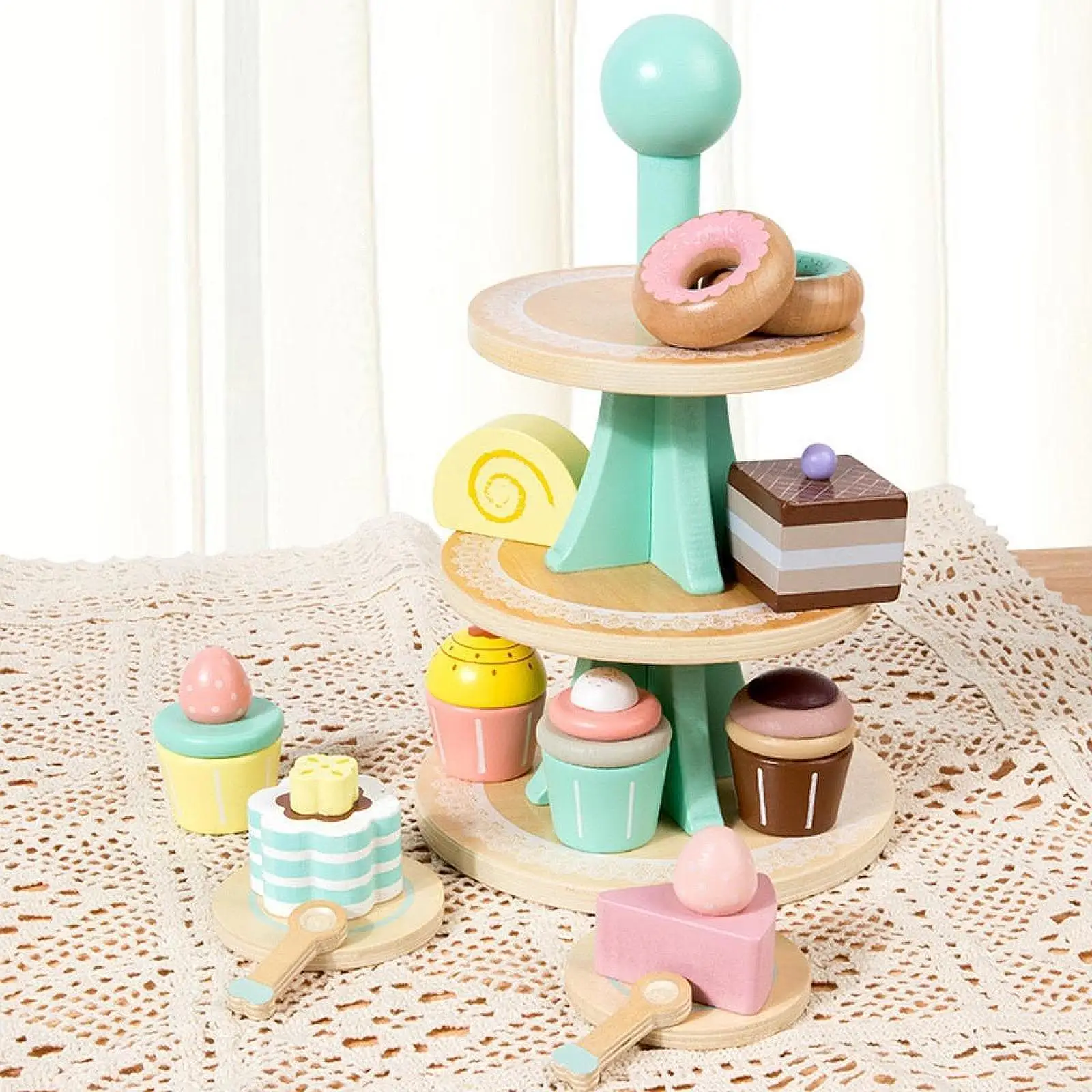 Wooden Tea Party Set Dessert Stand Playset Role Play Educational Pretend Food Play Kitchen Accessories for 2 3 4 5 6 Year Old