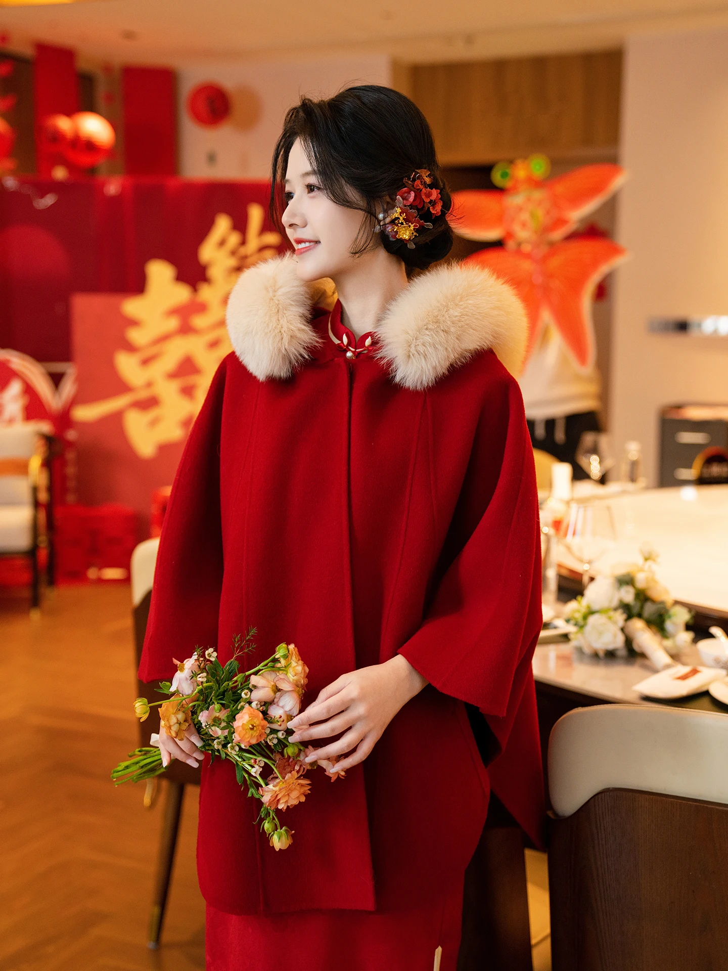 

Red Woolen Coat Engagement Suit Winter Warm Outerwear for Women Chinese Sle Loose Fit Daily Wear Long Sve Coat