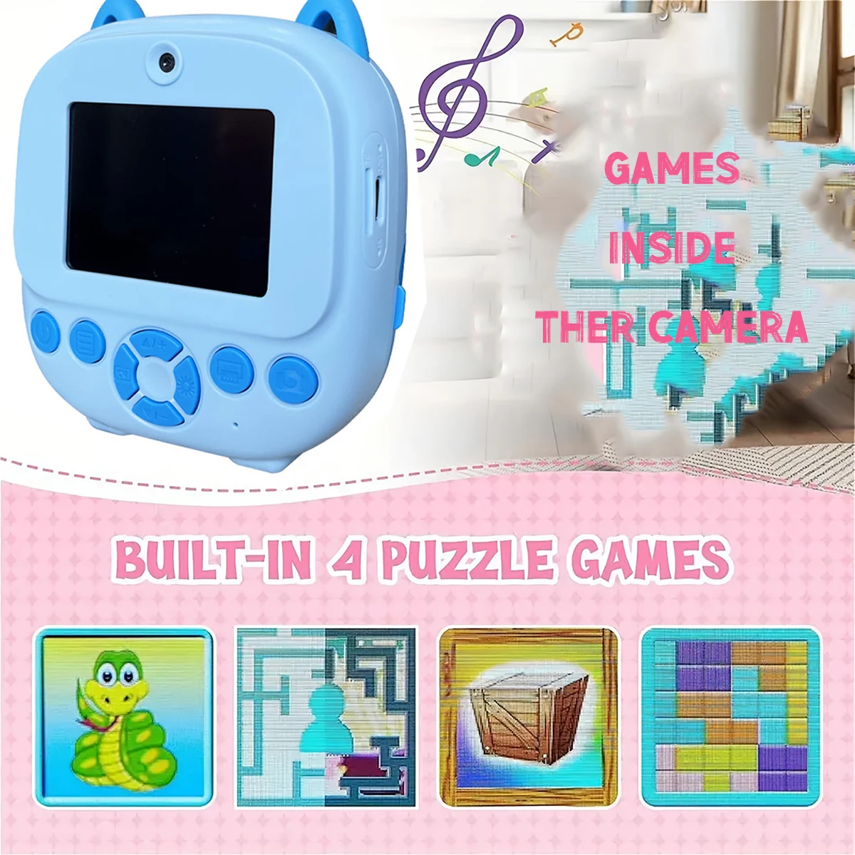 Cute Shape Instant Print Camera, 1080P HD Dual-Lens Camera Instant Print, Comes with Rolls of Thermal Printing Paper