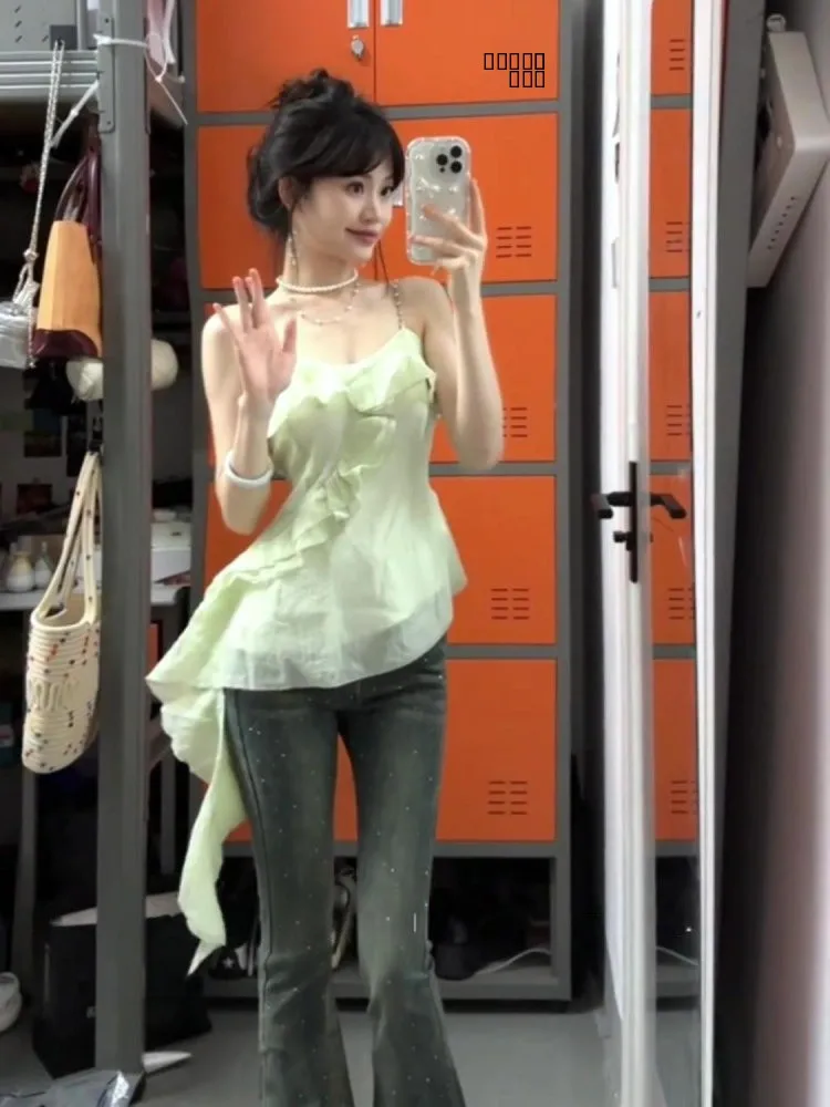 Mint Wave Sle Irregular Strap Vest Women Summer Design Sense Lace  Svel Waist in Slimming Sexy ort Top