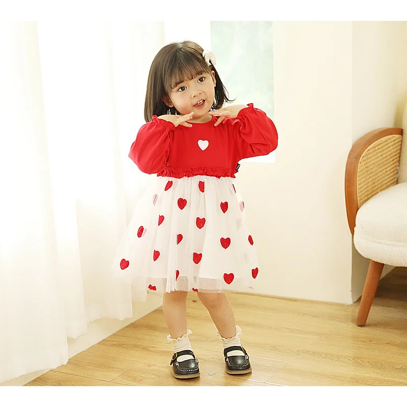 Strictly Selected Spring and Autumn Girls Dress Western Style Red Little Girl Princess Dress Autumn Mesh Long Sleeve Skirt