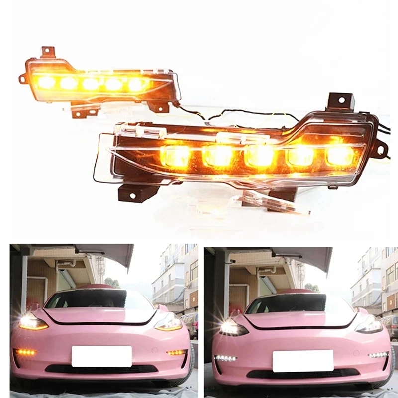 Auto LED Daytime Running Lights Modified Front Bumper Fog Lights Turn Indicators For Tesla Model 3 Y 19-22 image 2