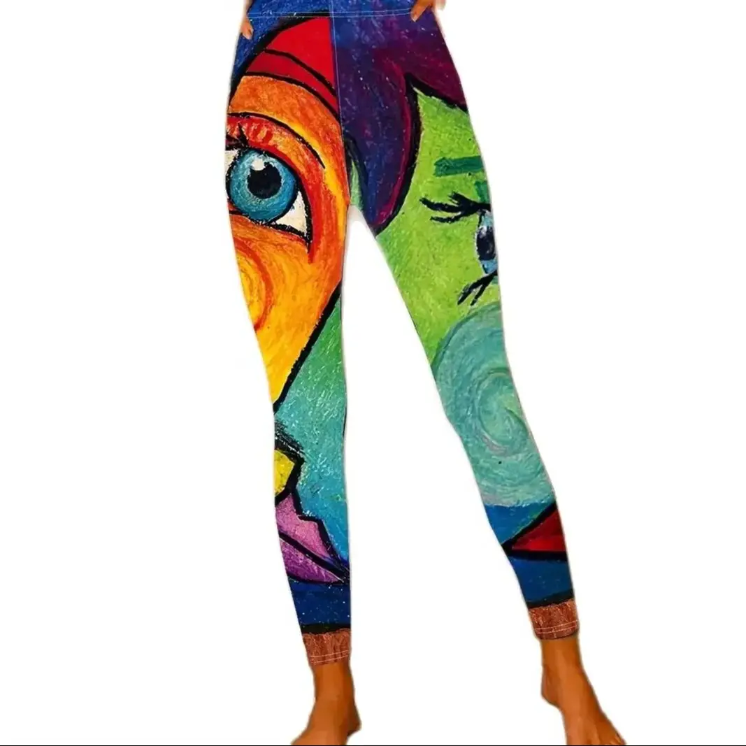 Abstract figure print casual pants stretch elastic waist tight leggings for women