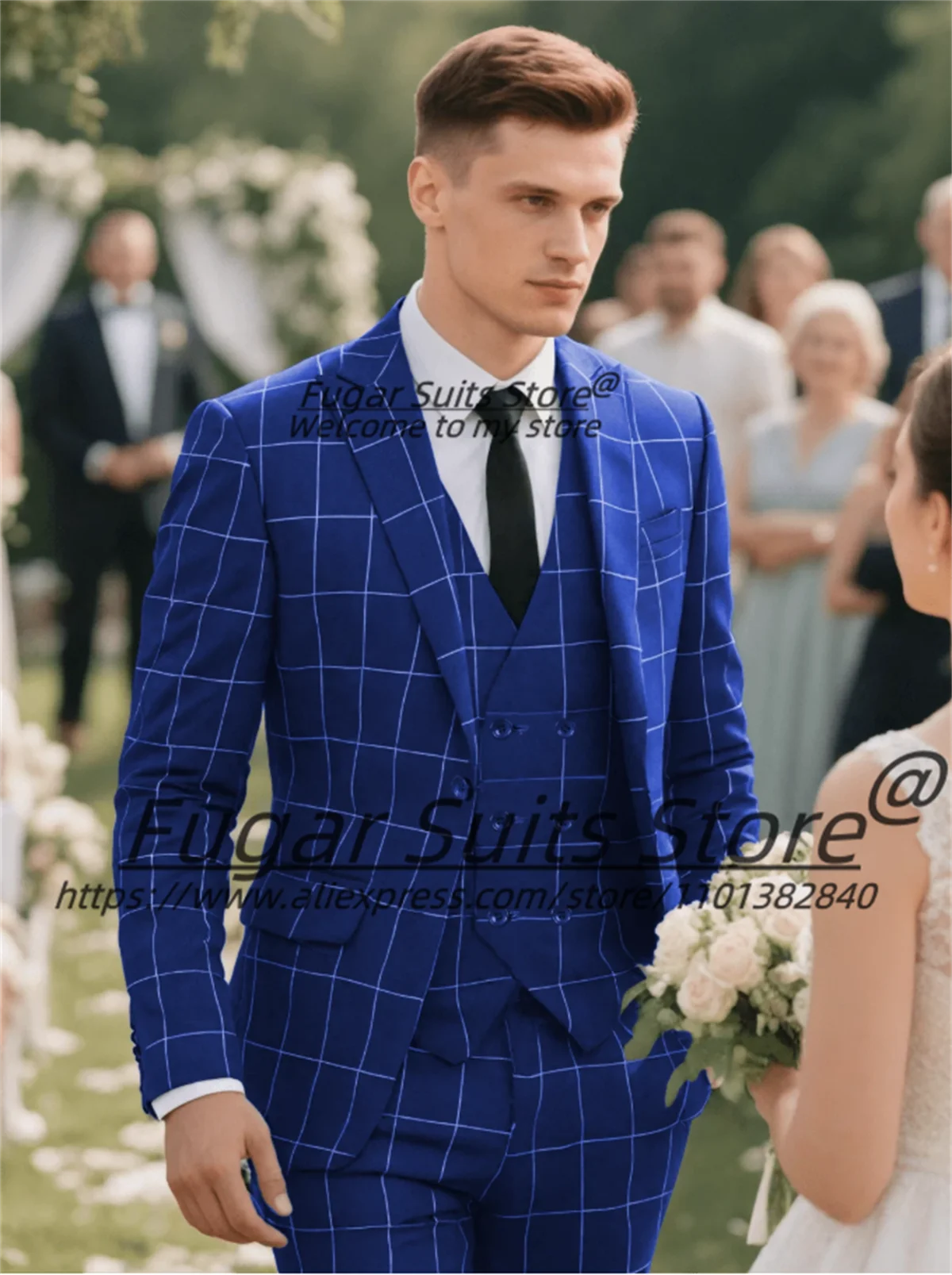 

Business Plaid Men Suits Customized Slim Fit Peak Lapel Groom Wedding Tuxedos Male party Blazers 3 Pcs Sets Elegant Ropa Hombre