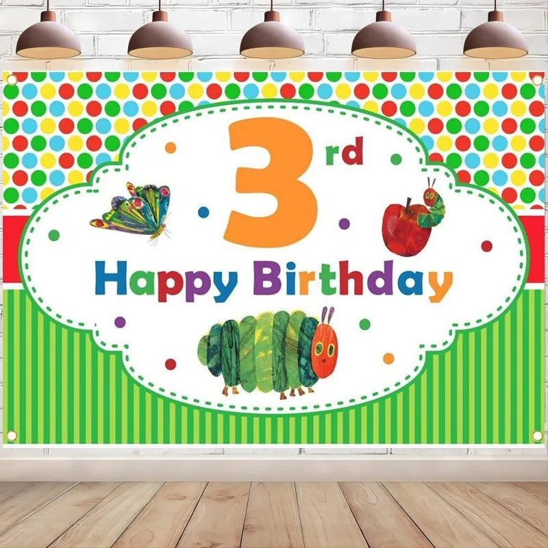 Фон для фотосъемки с изображением голодной зеленой гусеницы на день рождения баннер 3 года фон для фотосъемки с изображением яблока бабочки Декорация