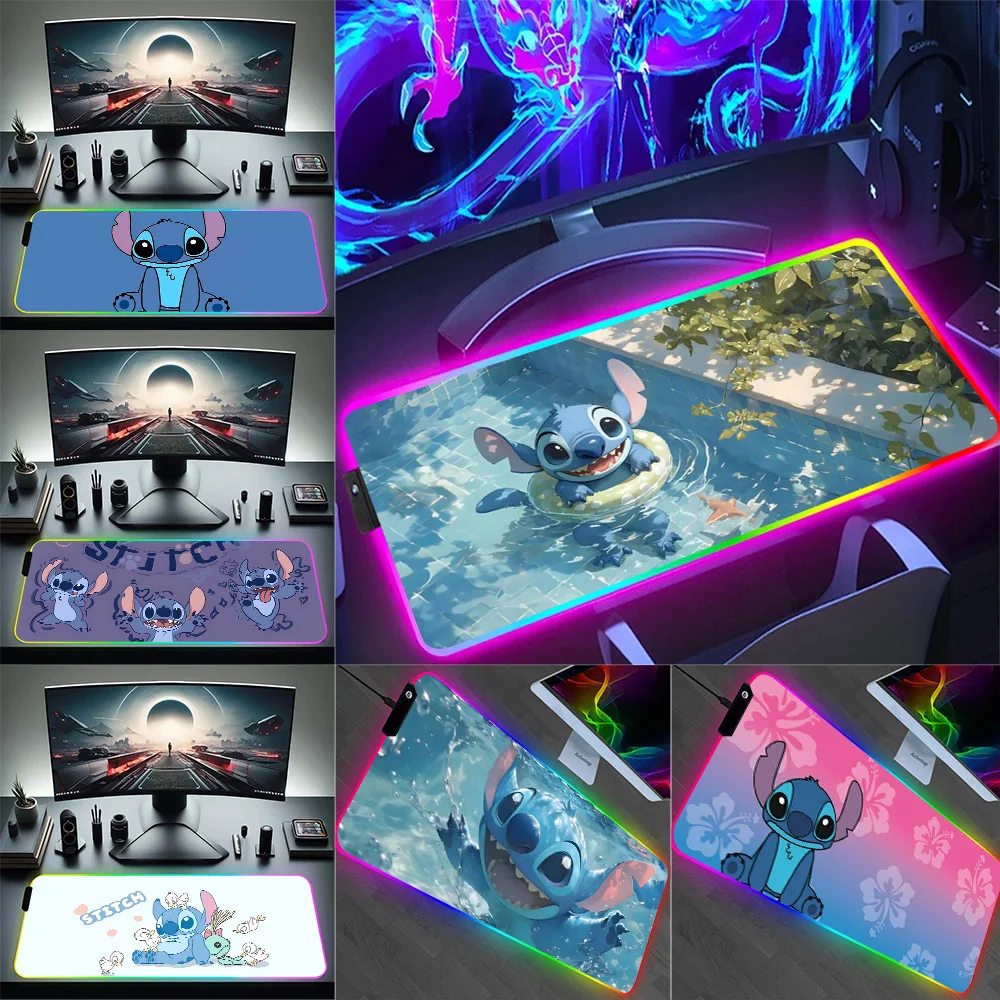 Hot Disneies Cute Stitch RGB Pc Gamer Keyboard Mouse Pad Mousepad LED Glowing Mouse Mats Rubber Gaming Computer Mausepad