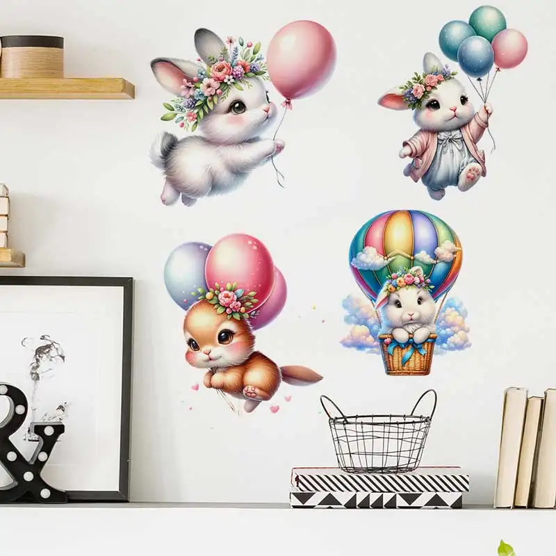 Bunny Balloon Wall Sticker Baby Kids Room Decoration Mural Self-adhesive Bedroom Home Wallpaper Nursery Decor Decals S983