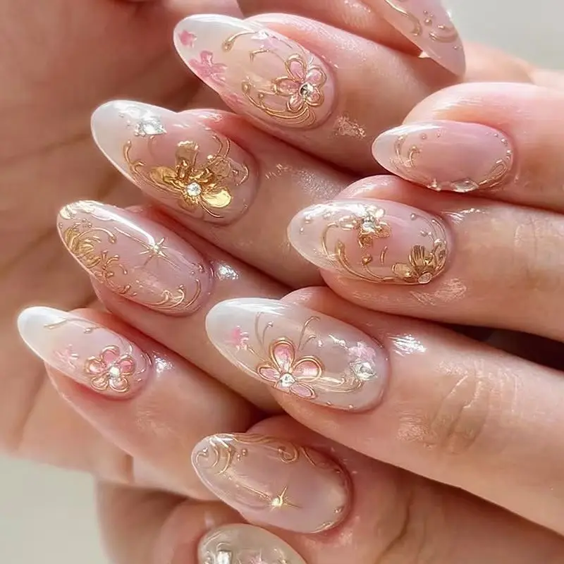 24Pcs/set Summer Almond French Designs False Nails Gradients Pink Sweet Flowers Stick on Nail Tips Pearls Full Cover Press Ons