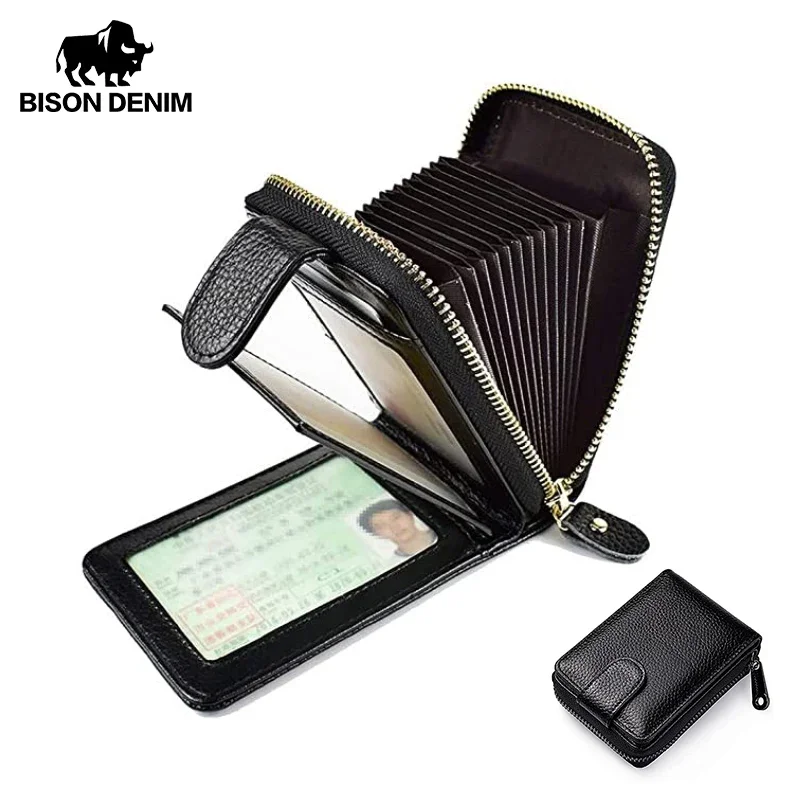 

BISON DENIM Top Layer Leather Card Holder Vintage Cowhide FRID Short Bifold Male Purse Business Credit Card Holder For Men Women