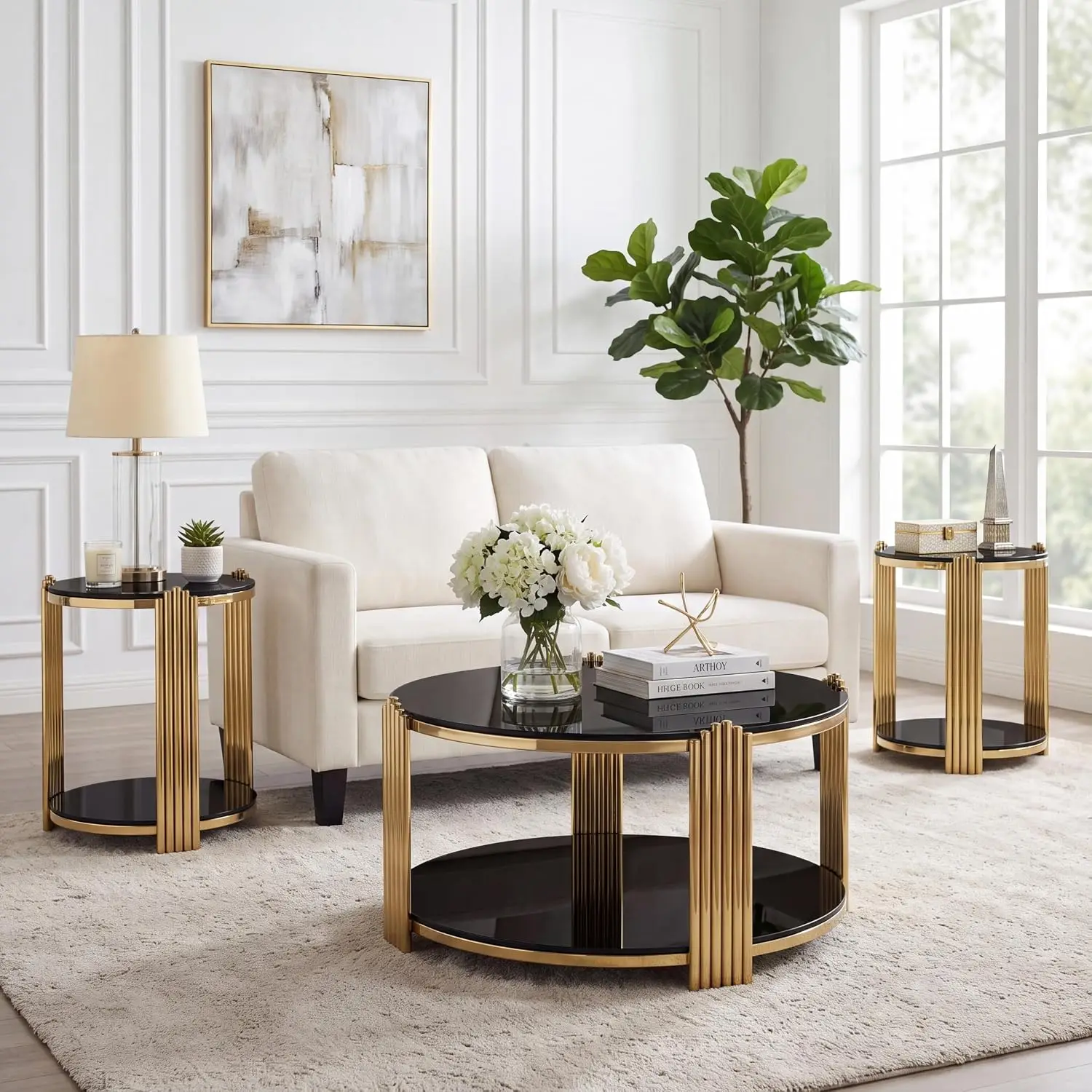 Round Coffee Table Set 3-Piece Gold Frame Black Glass, Customized