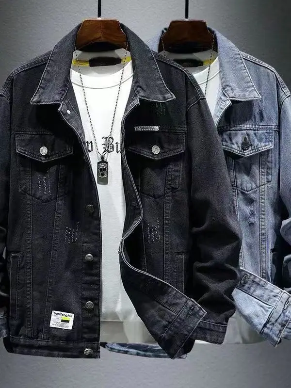 Spring Autumn Trendy Retro Loose Casual Workwear Jacket Men's Denim Coat Cool Handsome Outerwear Long Sleeve Youth Fashion