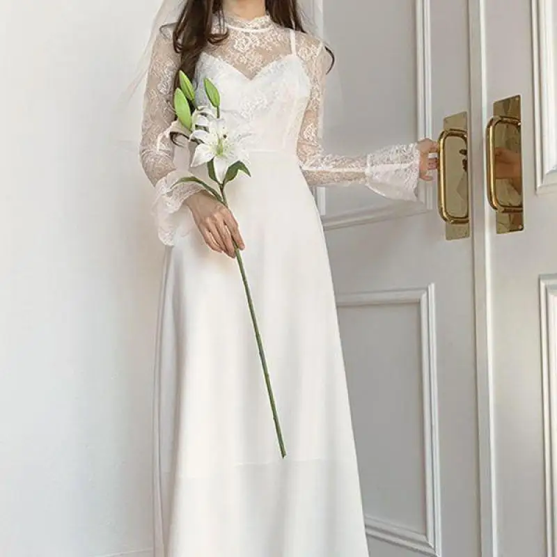 Newest Wedding Dresses With Lace Long Sleeve Elegant Ankle-length A-line Bridal Dress Simple Formal Evening Dress Customized