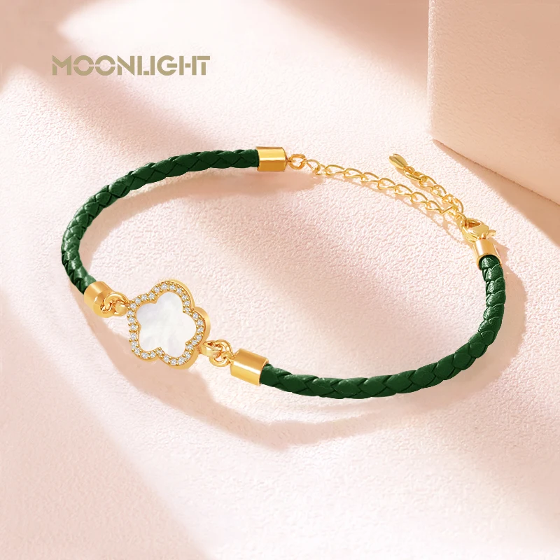 MOONLIGHT Classic Design Natural Shell Four-Leaf Clover Bracelet for Women Adjustable Charm Leather Bracelet Female Jewelry Gift