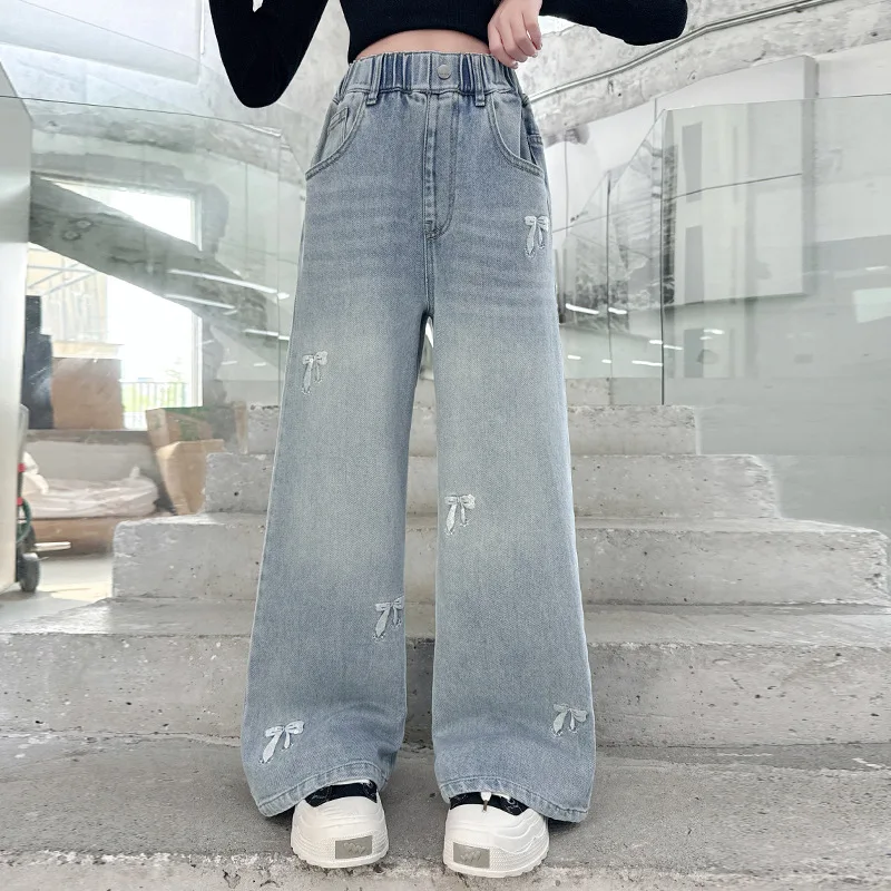 

Kids Girls Autumn Denim Pant Children Girls Bowknot Full Length Trousers Teenager Girls Versatile Elastic Waist Wide Leg Pant
